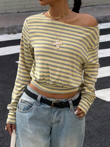 SHEIN EZwear 女士时尚新款黄色条纹长袖针织彩色条纹T恤，适合外出、街头服饰、Y2K风格 - 彩色 - 查看 4