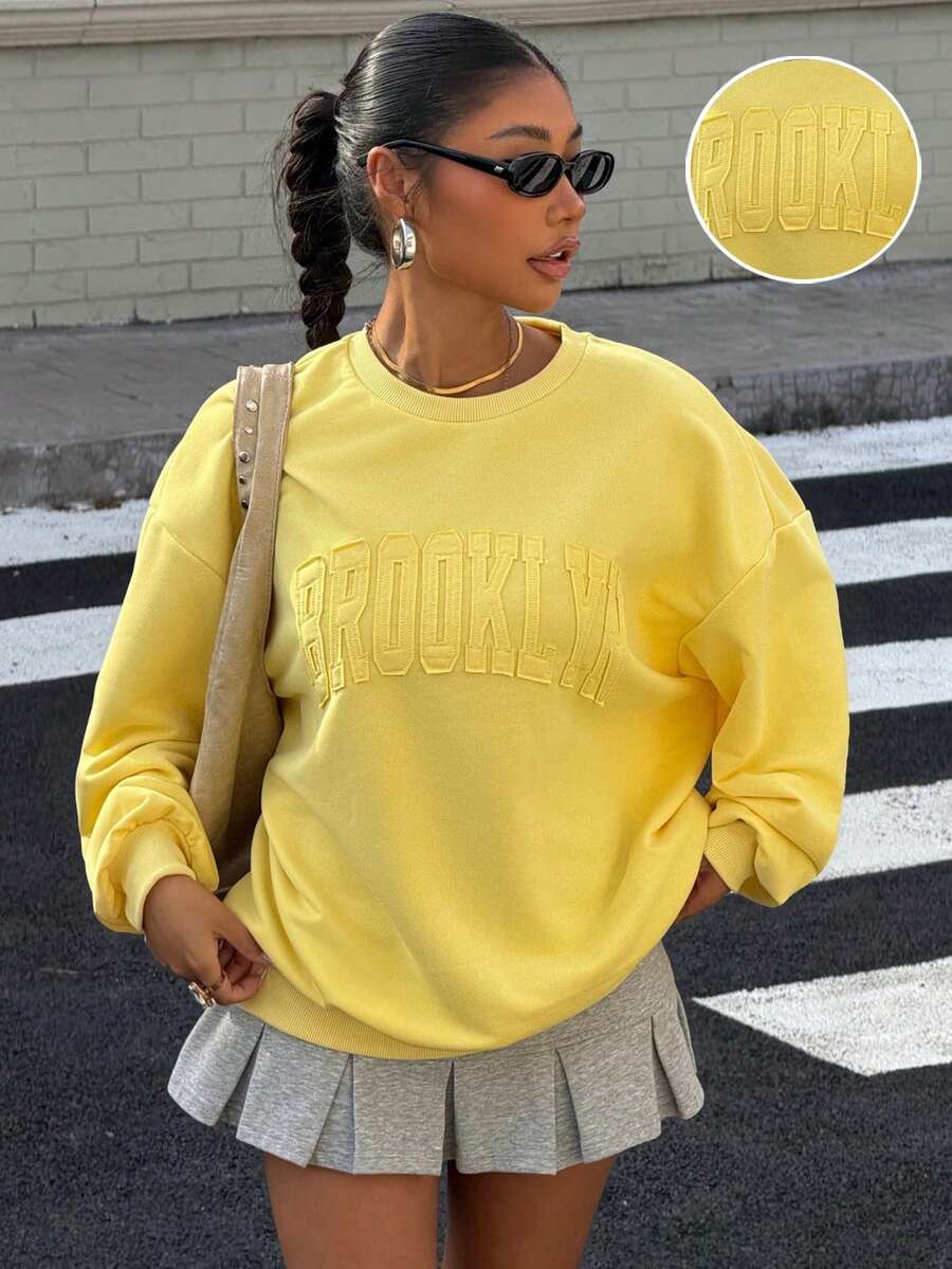 Muchica Women's Cream Yellow Letter Embroidered Loose Pullover Sweatshirt, Autumn/Winter Clothes For Going Out Outfits, Back To School, Streetwear, Y2K Clothes