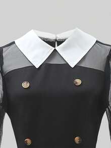 SHEIN Women's Vintage Style White Collar Back Open Water Drop Button Front Panel Mesh Decor Sleeve Short Dress - Black - View 7