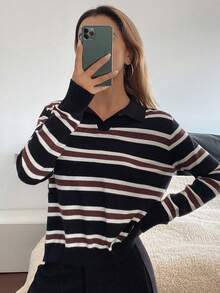 DAZY 女士休闲通勤V领套头毛衣，撞色条纹图案，秋冬季 - 彩色 - 查看 7