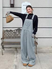 Dazy Plus 时尚条纹宽松休闲背带裤，带口袋，大码女式长款牛仔连体裤 - 藍色 - 查看 5