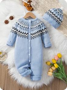 SHEIN Baby Boys' Casual Minimalist Cute Blue Fair Isle Knit Sweater Jumpsuit, Soft & Comfortable, Suitable For Daily, Outdoor, Travel, Holiday, Home, Daycare, Autumn/Winter, Christmas, Back To School, Party, All-Season Baby Blue Knitted Outfit For Baby Baby Boy Outfit Blue Vintage 0 3 Months Boy Winter Knitted Baby Romper Light Blue Baby Sweater Romper - Blue - View 4