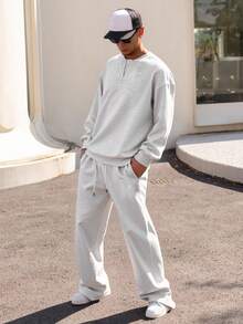 DAZY 男士保暖内衬半拉链圆领卫衣套装，秋冬季 - 灰色 - 查看 6