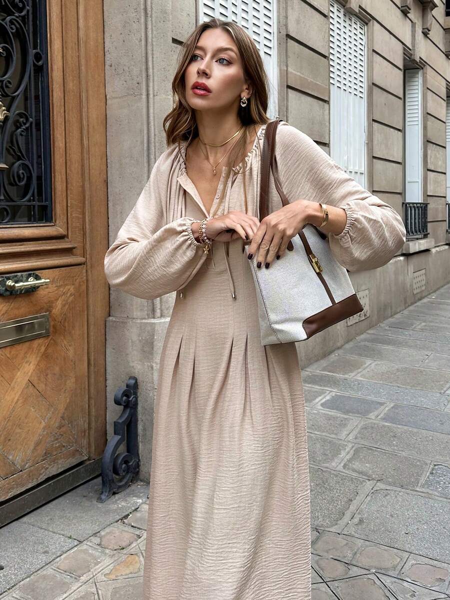 SHEIN Frenchy 女士休闲日常通勤简约纯色抽绳宽松圆领灯笼袖褶裥中长连衣裙，春秋季 - 杏色 - 查看 1