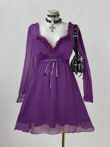 Sunspun 大码春夏新款浪漫优雅法式紫色纯色雪纺面料蕾丝边V领泡泡袖高腰系带蕾丝袖口中长款修身舒适飘逸娃娃裙，适合工作、约会、派对等场合 - 紫色 - 查看 4