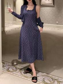 DAZY 2件套女士碎花睡裙和纽扣门襟上衣睡衣套装，冬季服装 - 藏蓝色 - 查看 6