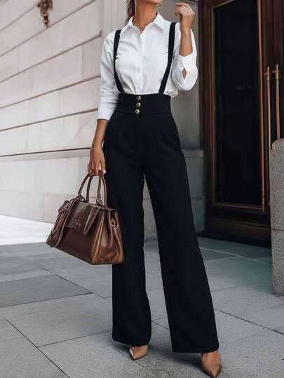 Balvessa Women's Elegant Romantic Straight Leg Pants With Suspender Waist And Button Decor