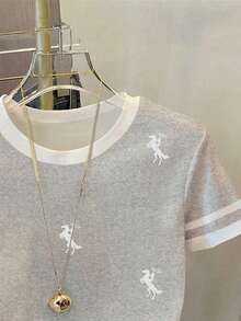 Resyla Damen Rundhals Kontrast Saum Kurzarm Lässig Kreativ T-Shirt - Verschiedenfarbig - Übersicht 3