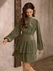 Wildy Women's Casual Textured Ruffle Hem Mini Dress, Suitable For Everyday Wear In Autumn/Winter - Green - View 8