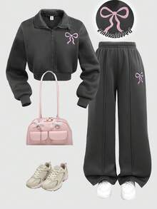 SHEIN Conjunto de 2 piezas de sudadera con cuello alto con cremallera, bordado de lazo y pantalones rectos con forro térmico para niñas preadolescentes, estilo de moda callejera casual, otoño/invierno - Gris Oscuro - Ver 3