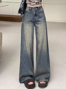 DAZY 女士常规腰围宽松阔腿牛仔裤，休闲街头风都市休闲牛仔裤