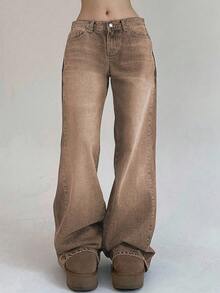 DAZY Quần jeans ống rộng cổ điển, giặt thường ngày dành cho nữ - Màu nâu  Mocha - Xem 5