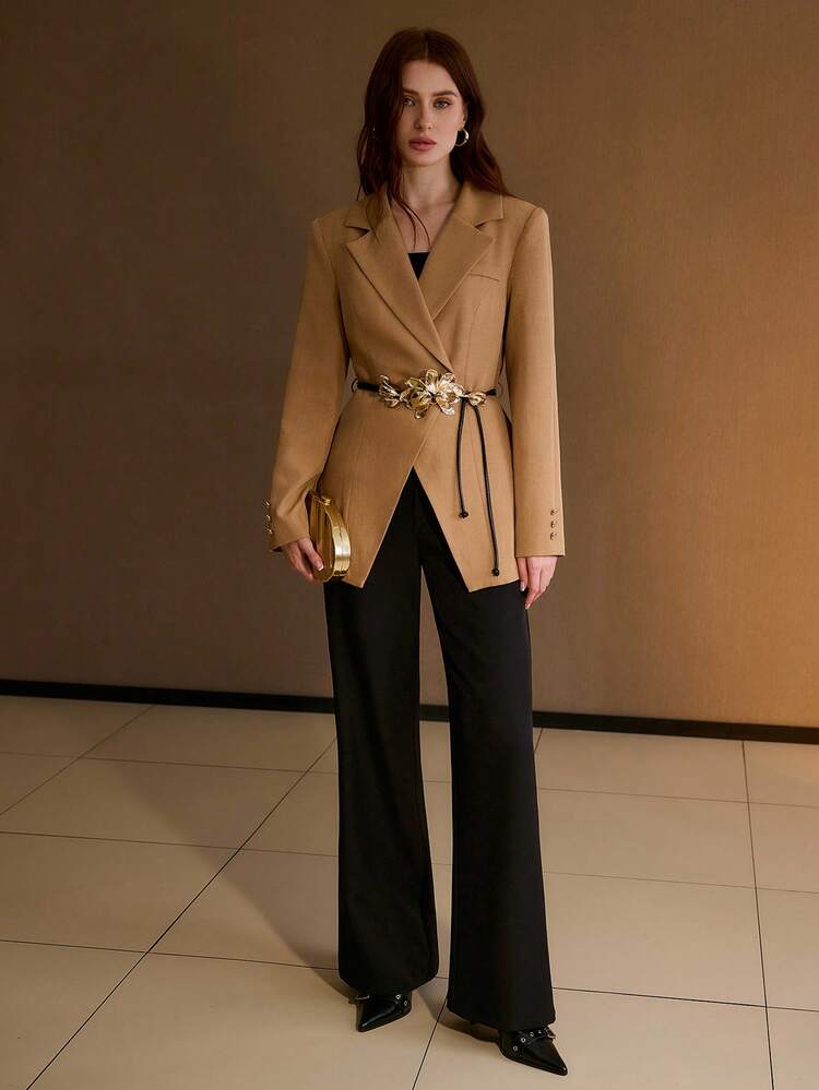 MINIMALIST COMMUTER METAL 3D FLOWER PU WAIST BELTED KHAKI BLAZER