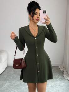 Selianne Women's Autumn New Knitted Long Sleeve Sexy Ribbed Dress - Dark Green - View 7