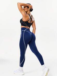 Seamluxe SHEIN Sport 1件无缝高弹力瑜伽健身运动紧身裤 - 藏蓝色 - 查看 5