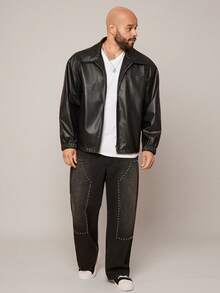 EASEVO Plus Size Men's Fashionable Street-Style PU Leather Zip-Up Long Sleeve Jacket - Black - View 4