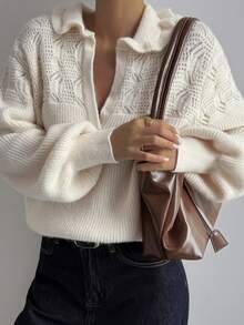 DAZY Women's Elegant Solid Color Turndown Collar Partially Cardigan Sweater, Autumn - Beige - View 6