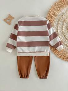 Loomiva 2pcs/Set Young Boy Colorful Striped Crew Neck Long Sleeve Sweatshirt And Elastic Waist Pants - Multicolor - View 2