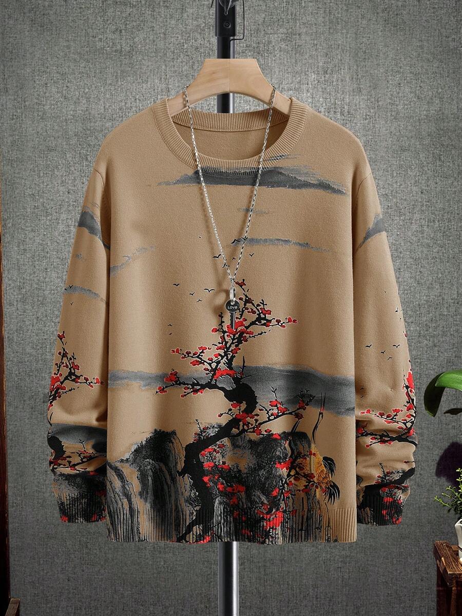 Manfinity Homme 男士休闲日常通勤及度假宽松植物图案毛衣，秋冬季棕褐色图案衬衫圆领毛衣，长袖上衣 - 駝色 - 查看 1