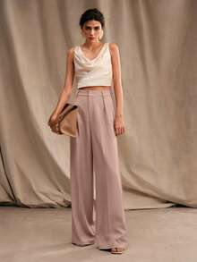 Anewsta Petite Quần ống đứng màu trơn có túi xếp ly thời trang thanh lịch, size nhỏ - Hồng - Xem 5