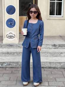 SHEIN Tween Girls Fashion Long Sleeve Button-Up Denim Shirt & Pants Set Girls Spring And Autumn Suit Two Pieces Denim Set - Dark Wash - View 5