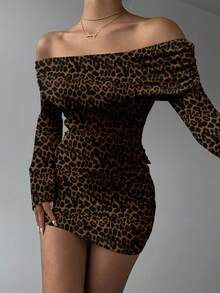Aloruh 女士休闲优雅露肩修身露背长袖迷你连衣裙，性感豹纹印花 - 彩色 - 查看 6