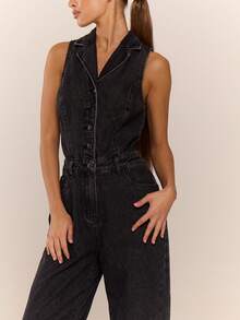 MUSERA 无袖纽扣收腰阔腿牛仔连体裤，酷女孩街头风日常休闲秋冬款 - 黑色 - 查看 6