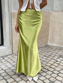 SHEIN Unity Women's Green Low-Waist Satin Mermaid Skirt, Versatile Fashion Staple, Suitable For Party, Date, Beach, Holiday, Sexy & Charming, Autumn, Back To School, Christmas - Green - View 3