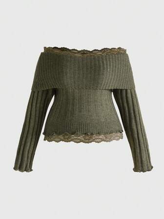 Fairycore Blusa de encaje y parches de punto con hombros descubiertos, estilo vintage romántico, talla grande, para otoño/invierno