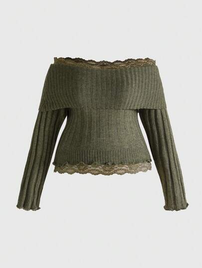 Fairycore Plus Size Vintage Romantic Off Shoulder Lace Patchwork Knitted Top, Autumn/Winter