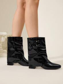 CUCCOO CHICEST Women's Autumn/Winter New Arrival Metal Bow Square Toe Block Heel Elegant Sweet Commute Casual Fashion Personalized Comfortable Black Faux Leather Patent Leather Ankle Boots, Suitable For Afternoon Tea, Date, Fashion Party, Workplace, Collegiate, Streetwear,, Basic Versatile, Christmas, Thanksgiving, New Year - Black - View 5