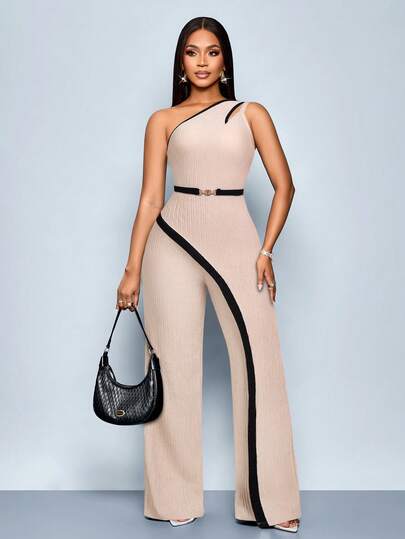 SOLERSUN Women's Fashionable Modern Party Asymmetrical Neck Cutout Two Color Contrast Office Black Asymmetrical Spliced Metal Decorated Sleeveless Straight Jumpsuit