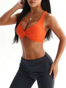 Core Rhythm Áo ngực thể thao nữ màu trơn, vặn xoắn phía trước, lưng chéo - trái cam - Xem 5