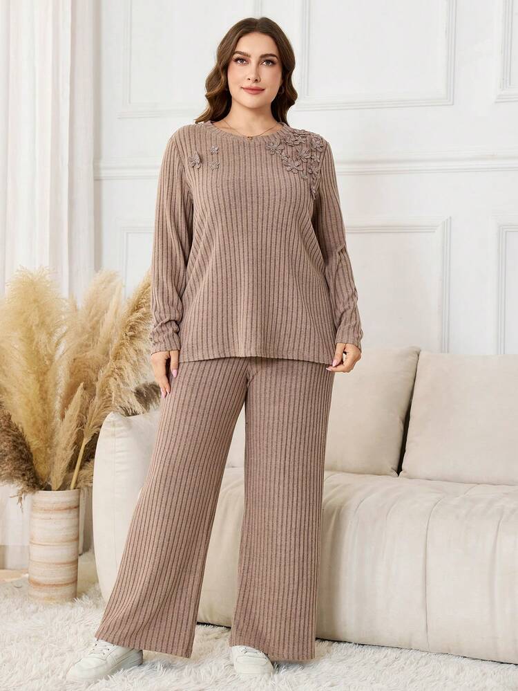 Lacomfia Conjunto de 2 peças com Blusa de Moletom de Gola Redonda de Manga Longa Confortável e Casual para Mulheres Plus Size e Calça de Tricô Elegante - Caramelo - Visão 3