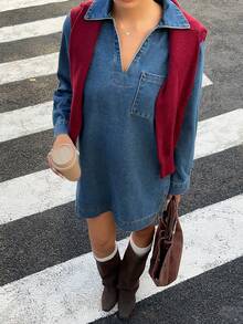 Muchica 女士休闲牛仔连衣裙，翻领带口袋，长袖，秋季款 - 中等水洗藍 - 查看 4