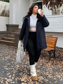 SHEIN EZwear 冬季加大码海军蓝抽绳腰带连帽夹克 - 藏蓝色 - 查看 3