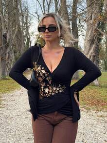 Jeta Ari Women's Long Sleeve Lapel Flare Sleeve Vintage Top, Comfortable & Stylish For Home, Travel, Autumn/Winter Black Top With Gold Embroidery - Black and Gold - View 5
