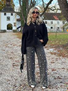Jeta Ari Pantalones vaqueros anchos y rectos de moda para mujer con decoración de perlas - Azul - Ver 1