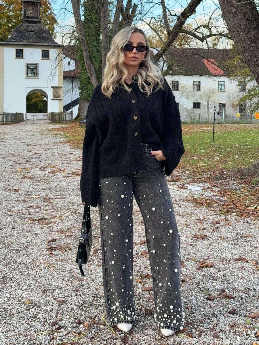 Jeta Ari Pantalones vaqueros anchos y rectos de moda para mujer con decoración de perlas - Azul - Ver 1