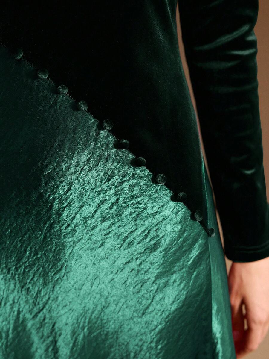 MOTF PREMIUM ROBE PATCHWORK EN VELOURS ET SATIN À OURLET FENDU - Vert sapin - Voir 2