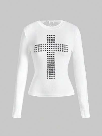 Grunge Punk Y2K Punk Kpop Cross Rivet Design Laser Cut-Out Back Slim Fit Long Sleeve T-Shirt, Solid Color Versatile