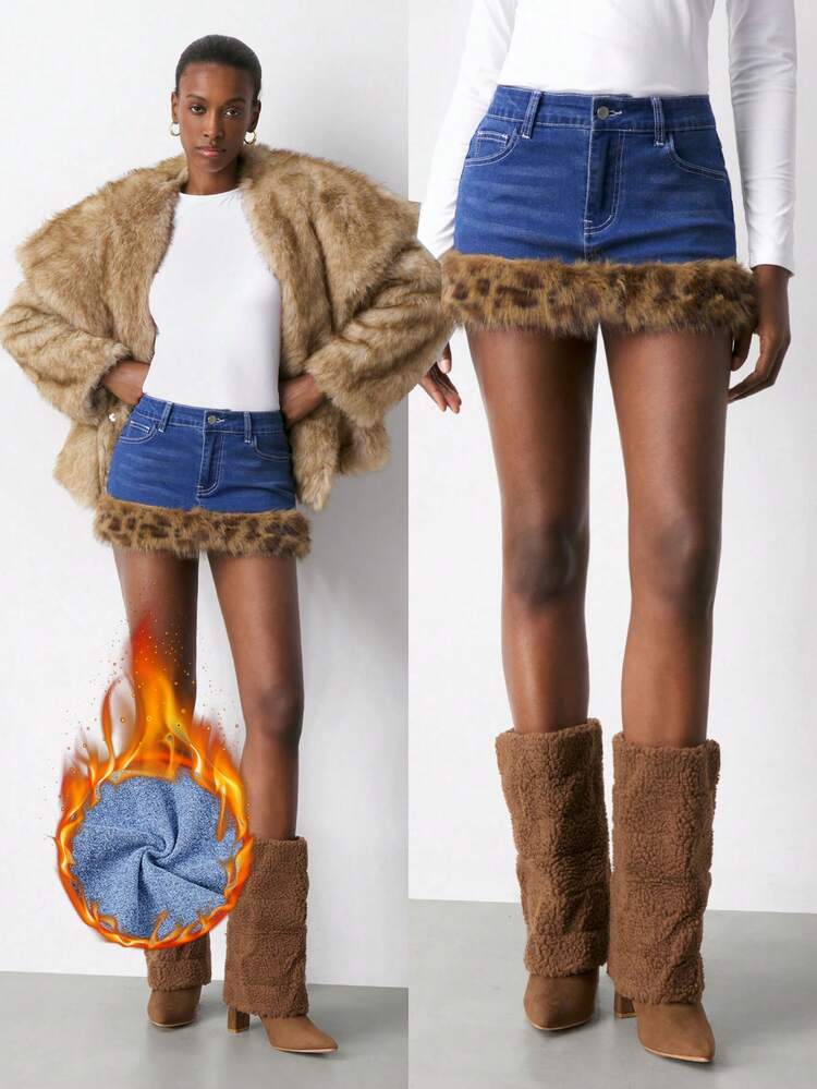 SHEIN Maija Women's Fleece Denim Skirt: A Y2K-Inspired Music Festival Leopard Print Fur Patchwork For A Hot Girl's Winter Look