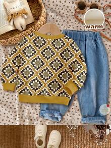 SHEIN 芥末黄，休闲复古仿菱形针织几何印花，女婴休闲简约宽松圆领舒适日常柔软针织长袖卫衣，适合秋冬季穿着 - 彩色 - 查看 2