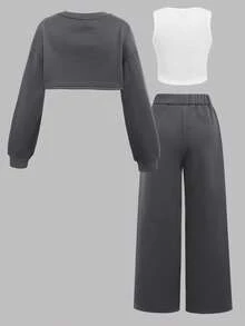 SHEIN 少女休闲日常纯色短款连帽衫、印花背心和工装裤三件套，秋冬季 - 深灰色 - 查看 2
