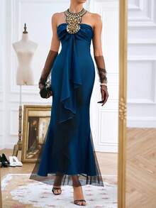 Almamuse Vacation Style Ruched Halter Dress For Women - Blue - View 5