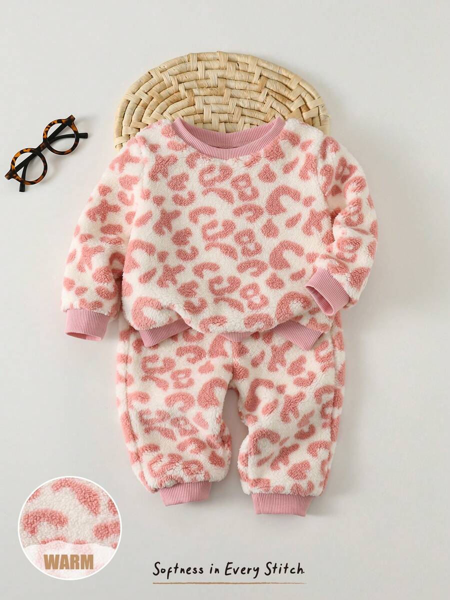 Cozy Pixies 2pcs/Set Baby Girls' Pink Leopard Print Thermal Lined Crew Neck Sweatshirt And Elastic Waist Jogger Pants, Comfortable & Fashionable Casual Outfit For Indoor, Outdoor, Skiing, School, Daily Wear, Sports, Party, Festival, Halloween, Christmas, New Year, Valentine's Day, Travel, Versatile - Multicolor - View 1
