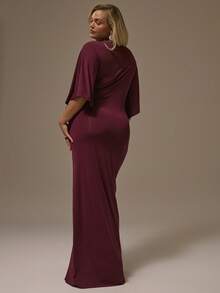 MUSERA Đầm maxi dài dáng cánh dơi, tay ngắn, cổ cao, bất đối xứng, thích hợp cho tiệc thu, dáng ôm. - Màu tím - Xem 4