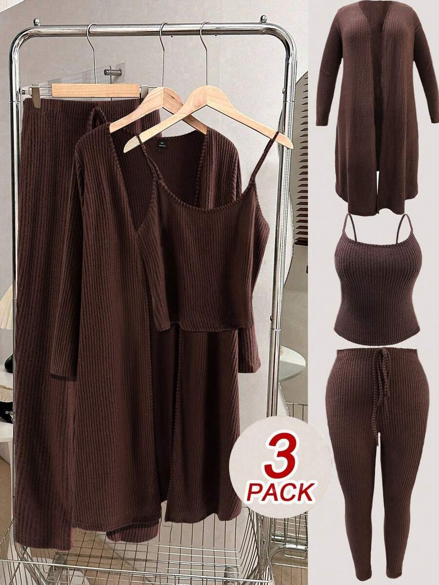 SHEIN LUNE 大码女装三件套：纯色罗纹可调节吊带背心 + 休闲开襟长袖开衫 + 松紧腰紧身裤 - 藏蓝色 - 查看 1