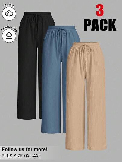 Auralis Plus Size Women's Spring And Summer Fashion Casual Loose Comfortable Basic Versatile Daily Multi-Color Texture Fabric Wide-Leg Pants, 3 Pack Bottom,Work Pants,Old Money Style,European Summer,Airport,Flowy Pants
