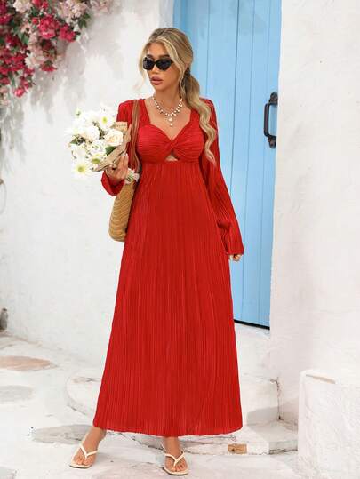 Vivid Eden Christmas Party Twist Front Open Back Long Sleeve Dress, Casual Vacation Outfit, Textured Fabric, Autumn/Winter